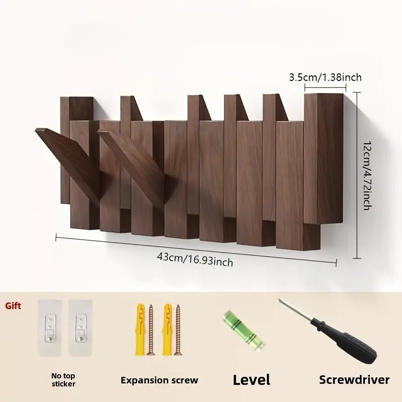 Modern Walnut Wooden, with 4\u002F6\u002F8\u002F10\u002F12 Hooks, Coat Rack, Hooks, Wall Mounted, Accordion, Entryway, Bedroom, Bathroom, Solid Wood, Smooth Polishing, Stable Adhere, Holds 22 Lbs, Floating Shelves