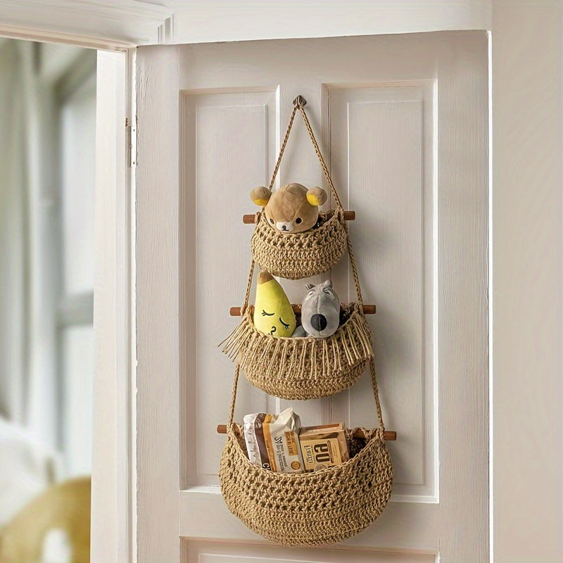 Handwoven Rope Hanging Basket, Bohemian Style 3-Tier Hanging Fruit Basket, Hanging Storage Basket, Door Storage Box, Perfect Valentine's Day Gift, Suitable for Kitchen, Living Room, Bathroom, Bedroom, Kitchen Storage Organizer, Shelf Baskets