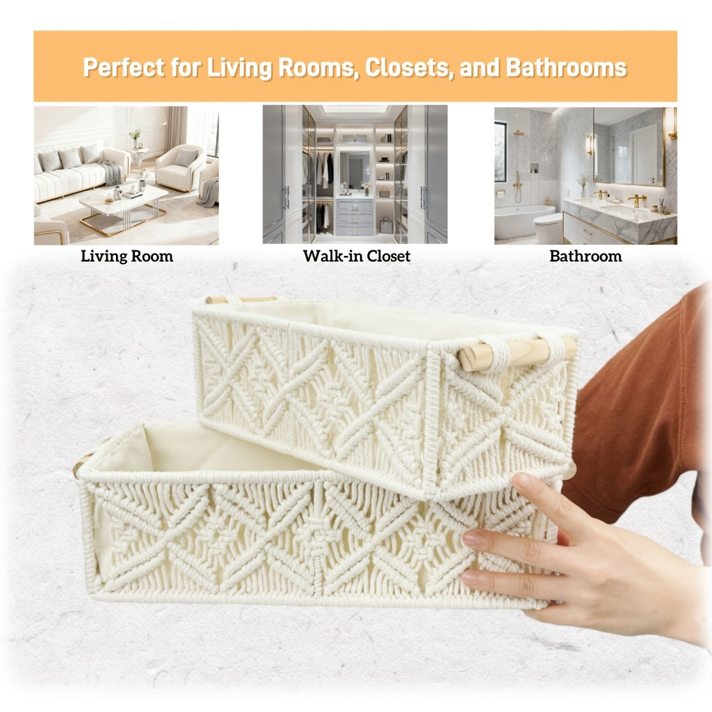 2pcs Bohemian Handmade Macrame Storage Basket Set with Handles | Multipurpose Organizer for Food, Jewelry, Skincare, Cosmetics & Clutter - Ideal for Bathroom, Bedroom & Living Room Shelf, Shelf Baskets