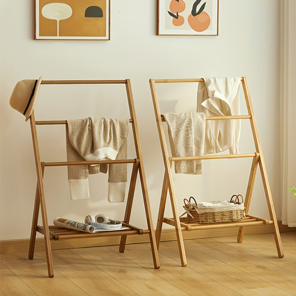 3-Tier Foldable Clothes Hanger & Drying Rack with Storage Box - Bamboo Space-Saving Freestanding Laundry Suitable for Apartments, Bedrooms, Bathrooms, Balconies, Compact Foldable Design for Small Spaces, Bamboo Drying System, Drying Racks