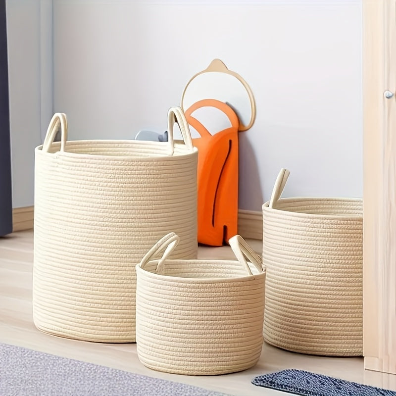 Hand- Cotton Rope Basket - Hand- Round Storage Hamper with Sturdy Rope Handle for, Room, Bathroom & Laundry - Portable Clothes & (Suitable for &), Laundry Baskets