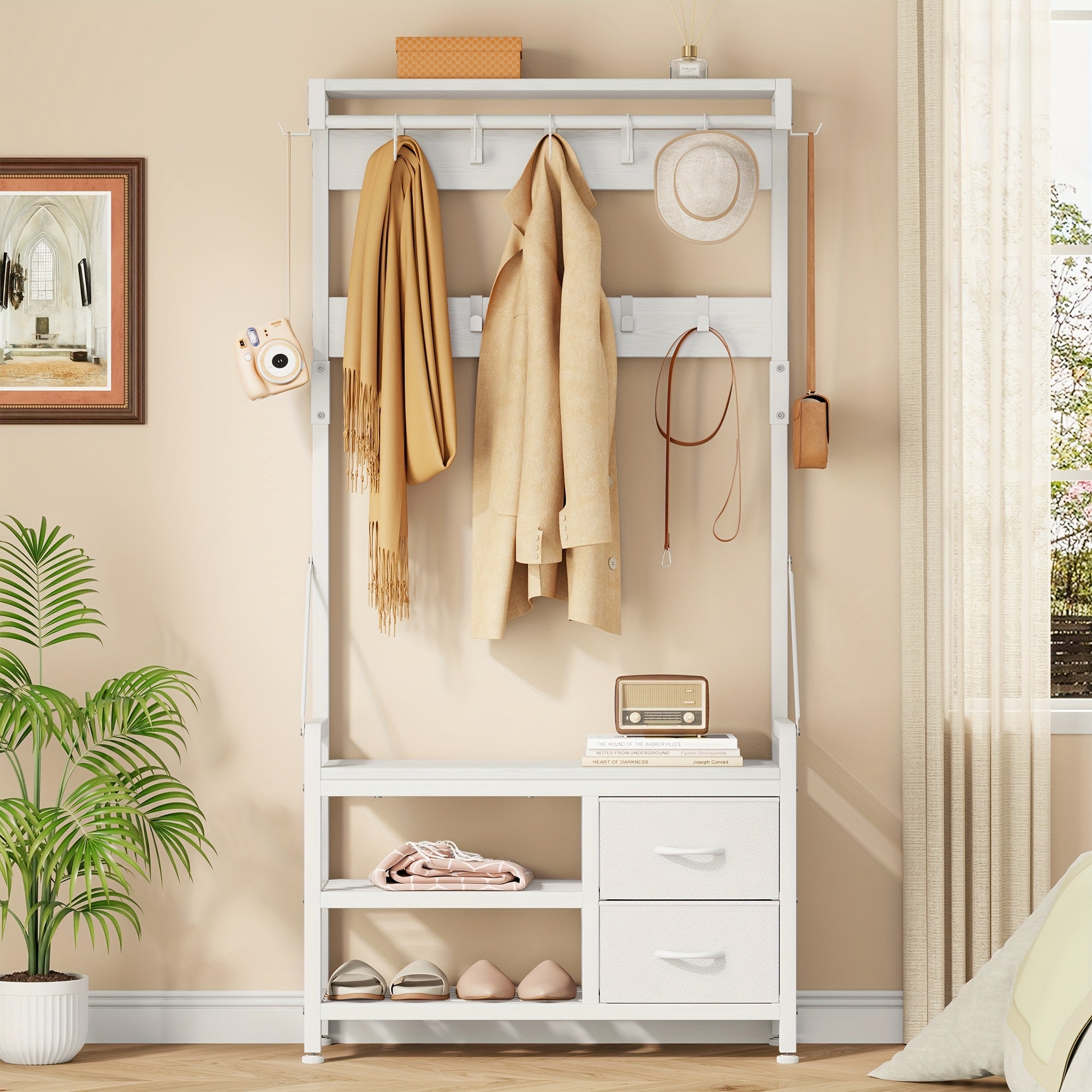 6-In-1 Coat Rack with Entry Bench, Hall Tree with 17 Hooks, 2 Fabric Drawers, Shoe Rack, Metal‑Frame Entryway Coat Rack, Space-Saving Storage Organizer for Bedroom, Mudroom And Closet