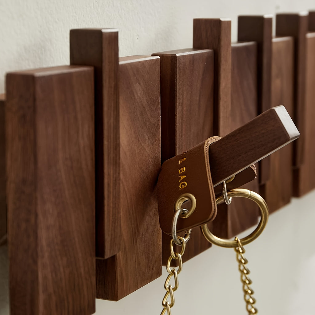 Modern Walnut Wooden, with 4\u002F6\u002F8\u002F10\u002F12 Hooks, Coat Rack, Hooks, Wall Mounted, Accordion, Entryway, Bedroom, Bathroom, Solid Wood, Smooth Polishing, Stable Adhere, Holds 22 Lbs, Floating Shelves