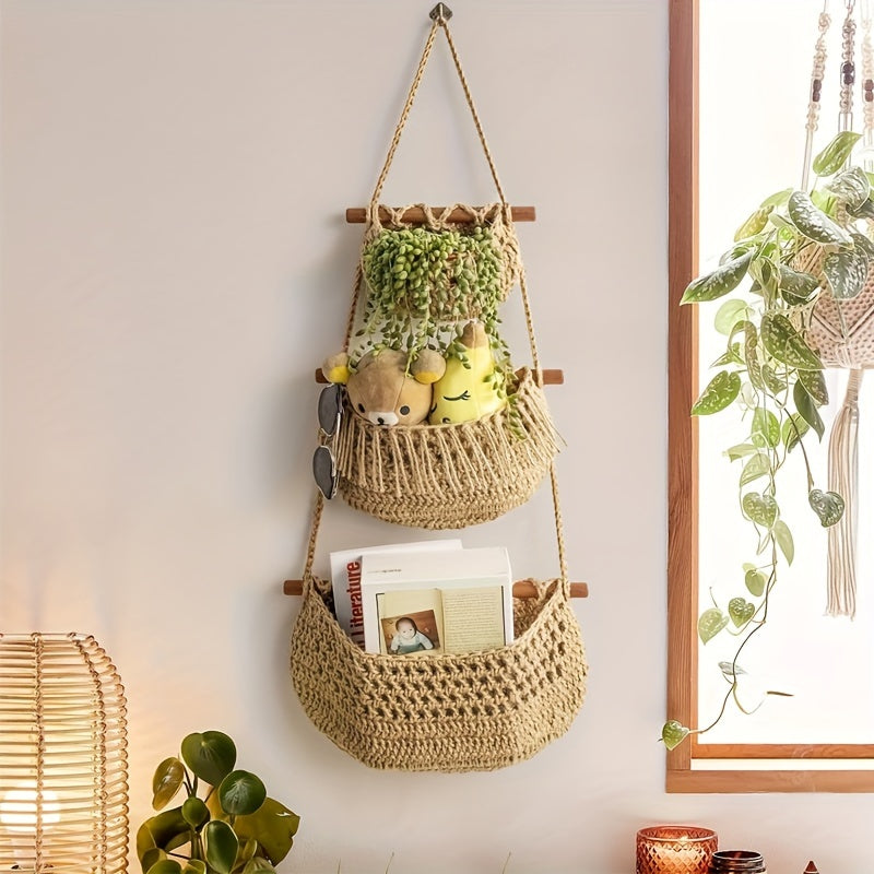 Handwoven Rope Hanging Basket, Bohemian Style 3-Tier Hanging Fruit Basket, Hanging Storage Basket, Door Storage Box, Perfect Valentine's Day Gift, Suitable for Kitchen, Living Room, Bathroom, Bedroom, Kitchen Storage Organizer, Shelf Baskets