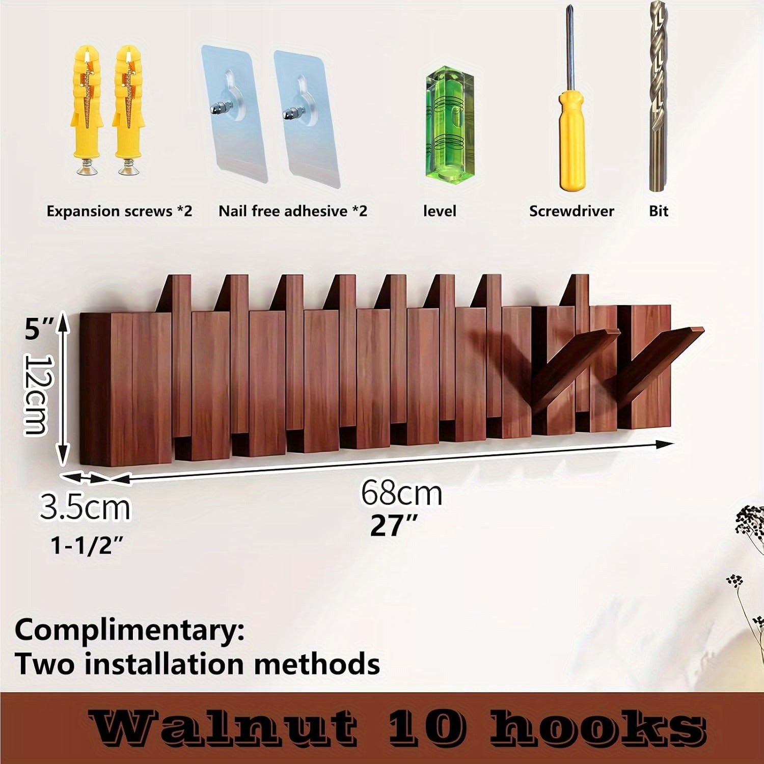 Modern Walnut Wooden, with 4\u002F6\u002F8\u002F10\u002F12 Hooks, Coat Rack, Hooks, Wall Mounted, Accordion, Entryway, Bedroom, Bathroom, Solid Wood, Smooth Polishing, Stable Adhere, Holds 22 Lbs, Floating Shelves