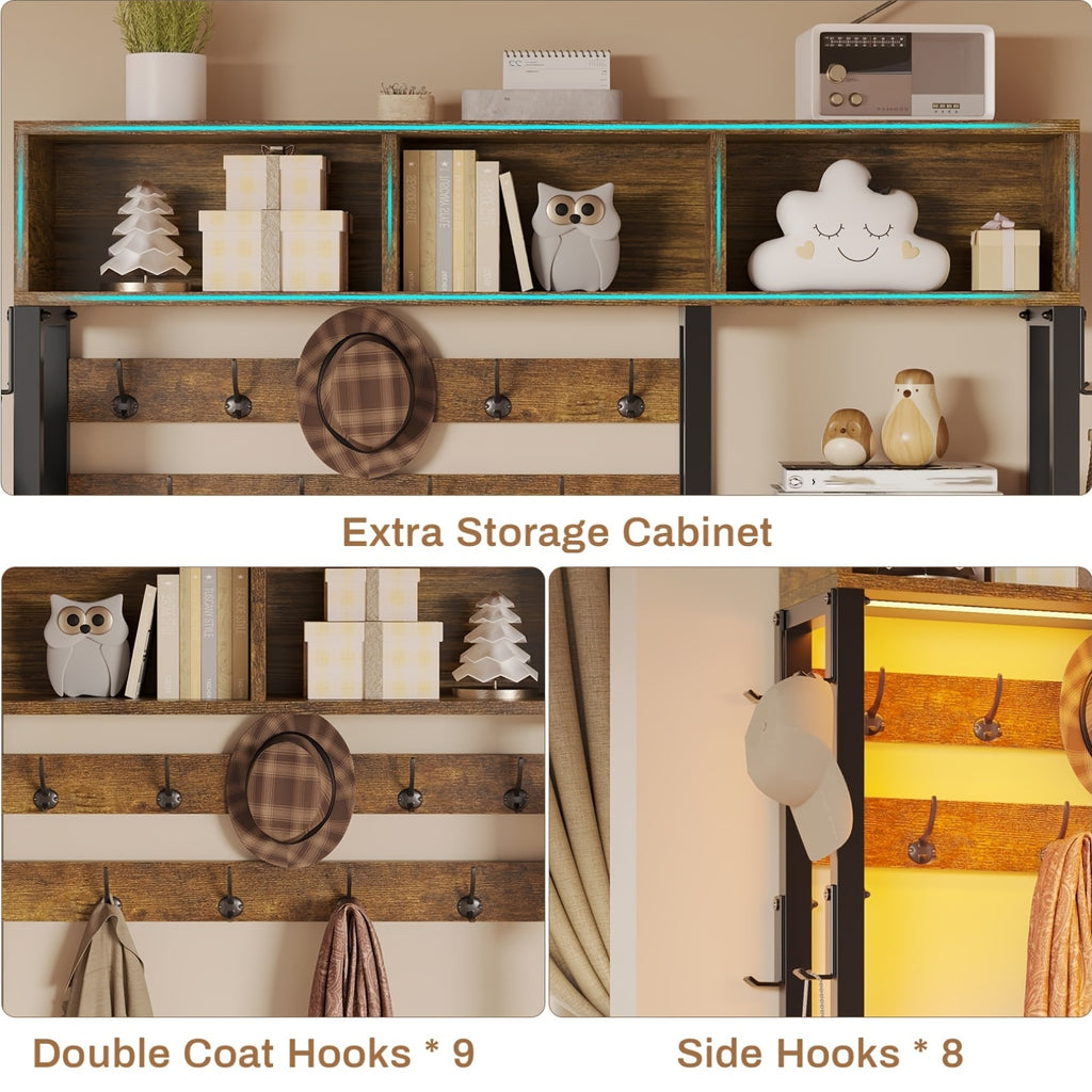 7-in-1 Entryway Bench with Coat Rack | Freestanding Metal Hall Tree with Bench and Shoe Storage, 3 Storage Cubbies, 3 Storage Shelves, 17 Coat Hooks, 2 Fabric Drawers, Brown, SEDETA