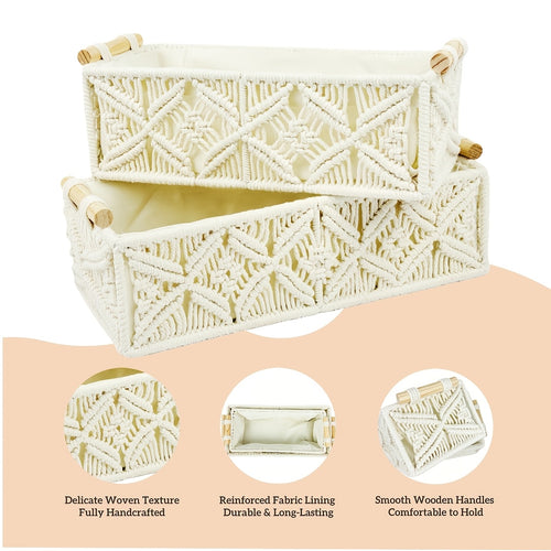 2pcs Bohemian Handmade Macrame Storage Basket Set with Handles | Multipurpose Organizer for Food, Jewelry, Skincare, Cosmetics & Clutter - Ideal for Bathroom, Bedroom & Living Room Shelf, Shelf Baskets
