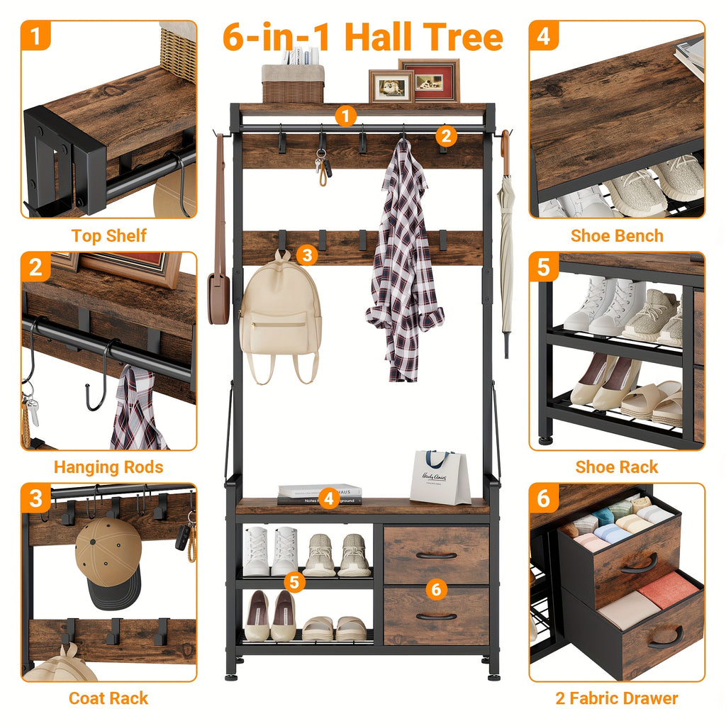 6-In-1 Coat Rack with Entry Bench, Hall Tree with 17 Hooks, 2 Fabric Drawers, Shoe Rack, Metal‑Frame Entryway Coat Rack, Space-Saving Storage Organizer for Bedroom, Mudroom And Closet