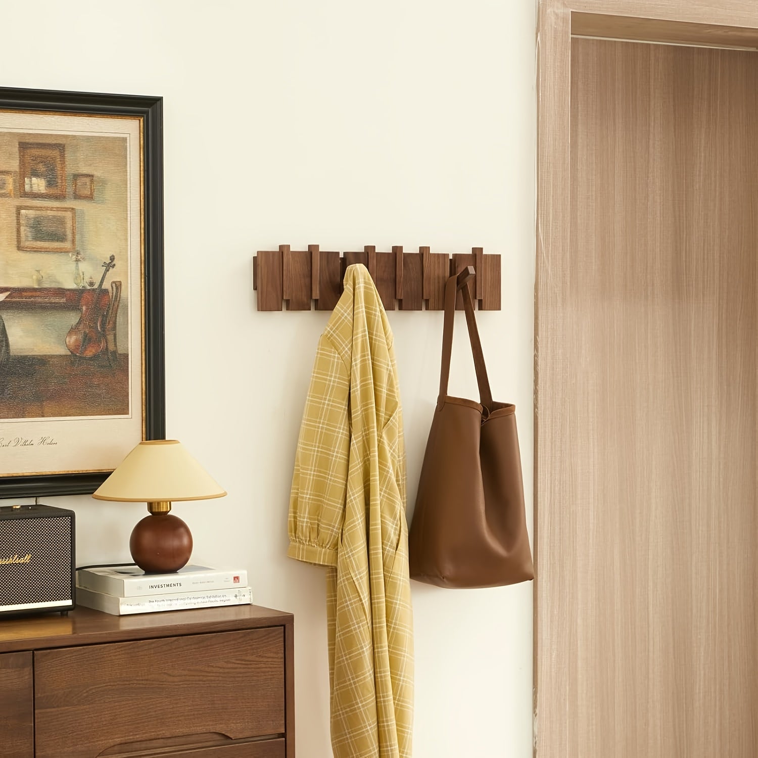 Modern Walnut Wooden, with 4\u002F6\u002F8\u002F10\u002F12 Hooks, Coat Rack, Hooks, Wall Mounted, Accordion, Entryway, Bedroom, Bathroom, Solid Wood, Smooth Polishing, Stable Adhere, Holds 22 Lbs, Floating Shelves
