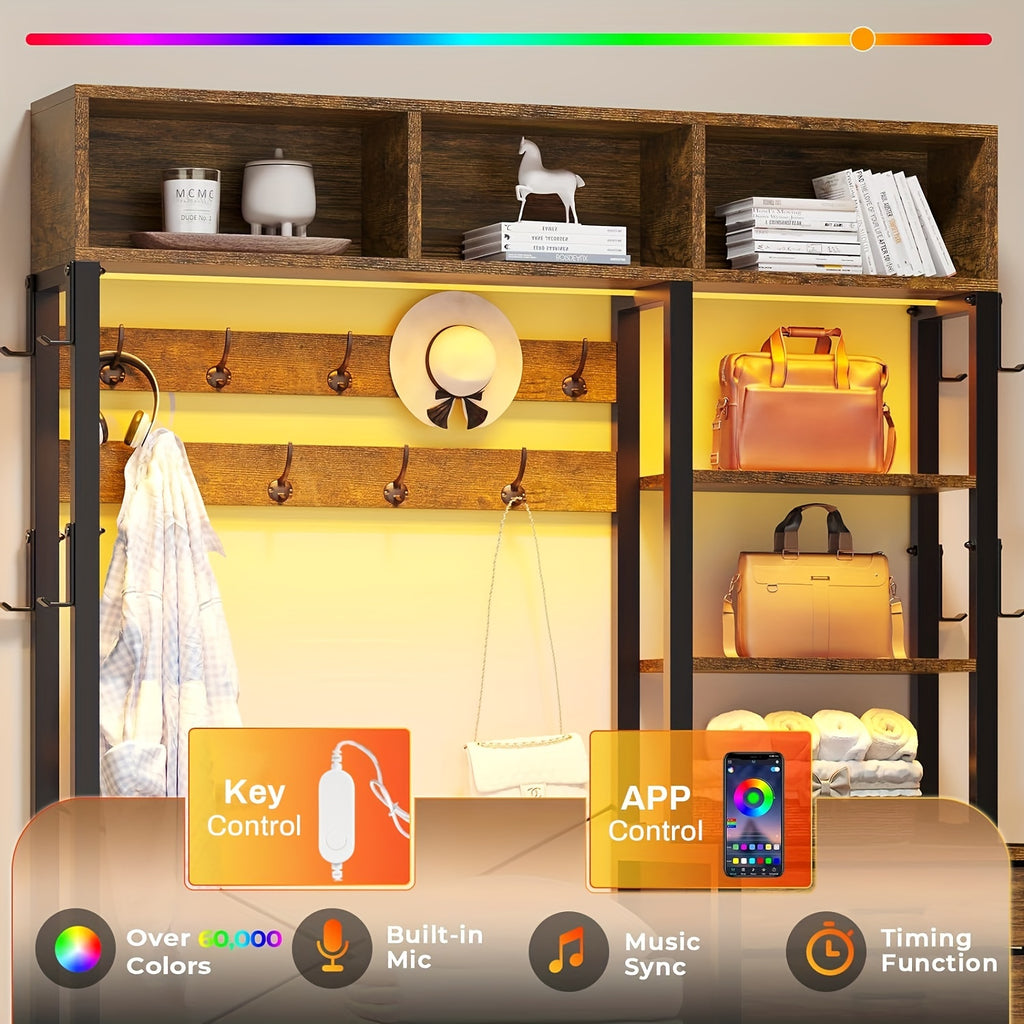 7-in-1 Entryway Bench with Coat Rack | Freestanding Metal Hall Tree with Bench and Shoe Storage, 3 Storage Cubbies, 3 Storage Shelves, 17 Coat Hooks, 2 Fabric Drawers, Brown, SEDETA