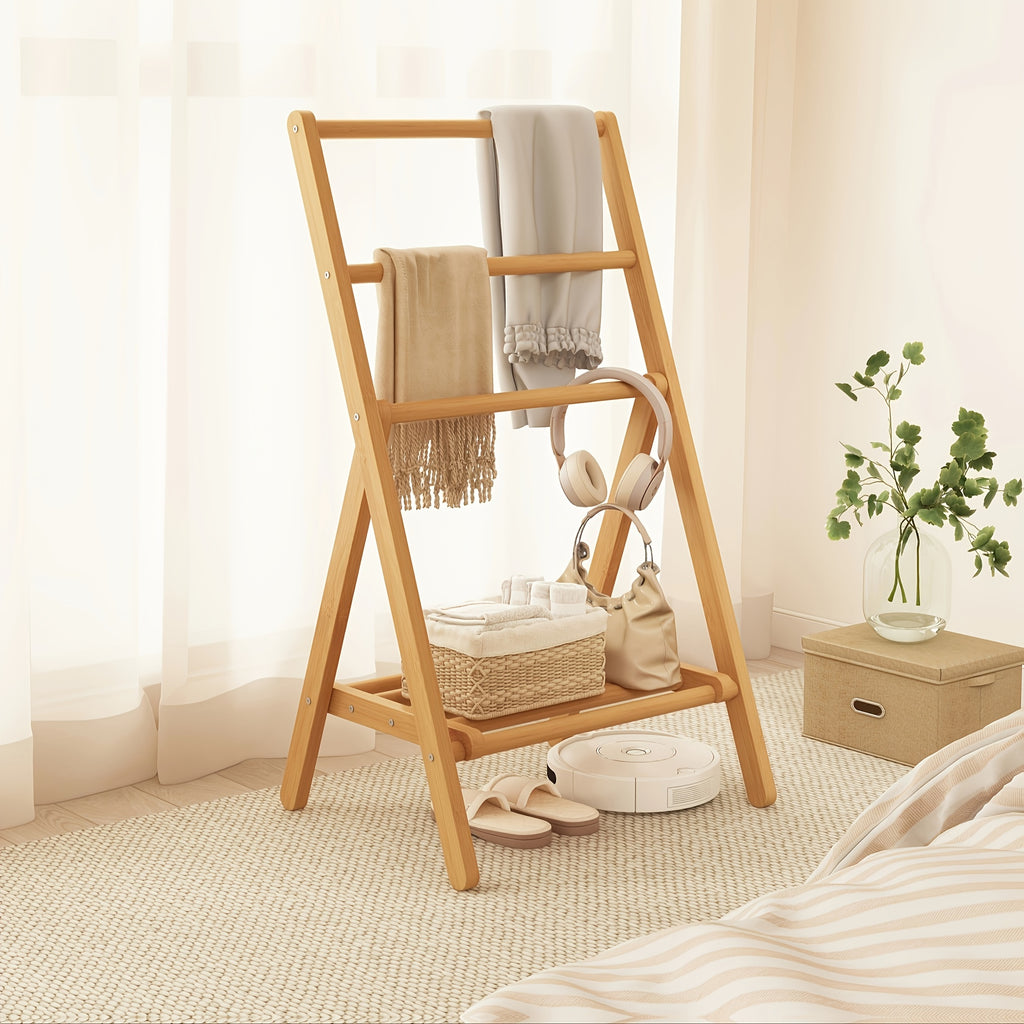 3-Tier Foldable Clothes Hanger & Drying Rack with Storage Box - Bamboo Space-Saving Freestanding Laundry Suitable for Apartments, Bedrooms, Bathrooms, Balconies, Compact Foldable Design for Small Spaces, Bamboo Drying System, Drying Racks