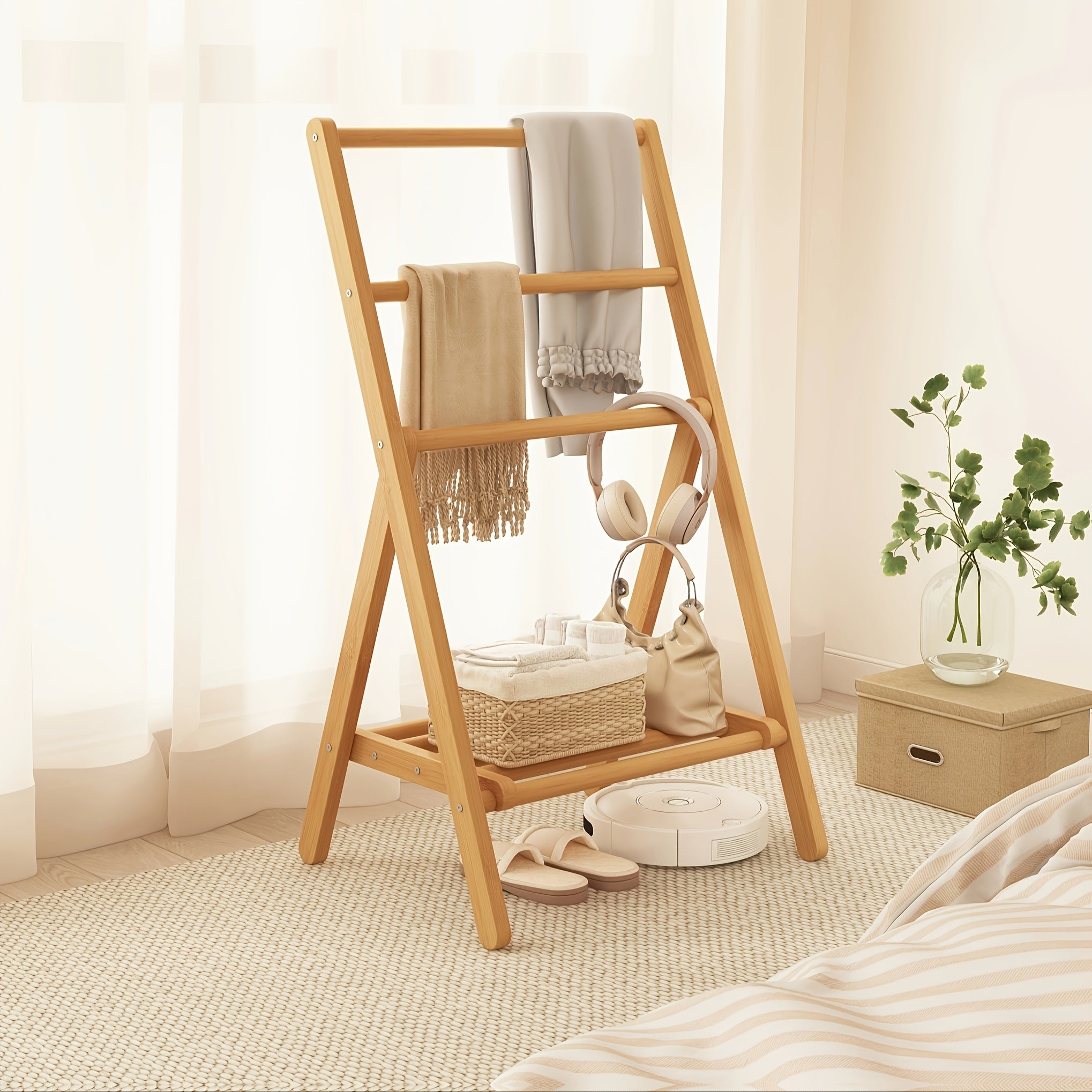 3-Tier Foldable Clothes Hanger & Drying Rack with Storage Box - Bamboo Space-Saving Freestanding Laundry Suitable for Apartments, Bedrooms, Bathrooms, Balconies, Compact Foldable Design for Small Spaces, Bamboo Drying System, Drying Racks