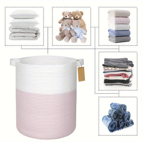 2pcs XXL Cotton Rope Cylinder Laundry Basket with Handles, 16x18 Inch Storage Organizer & Bathroom Decor | Youngsters-Safe Blanket Hamper, Nursery Toy Bin, Dog Bed Storage for Living Room\u002FLaundry Room, Laundry Baskets