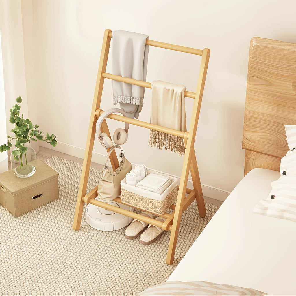 3-Tier Foldable Clothes Hanger & Drying Rack with Storage Box - Bamboo Space-Saving Freestanding Laundry Suitable for Apartments, Bedrooms, Bathrooms, Balconies, Compact Foldable Design for Small Spaces, Bamboo Drying System, Drying Racks