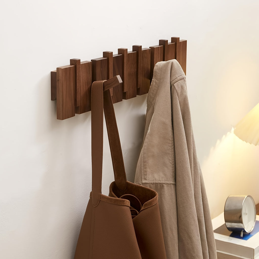 Modern Walnut Wooden, with 4\u002F6\u002F8\u002F10\u002F12 Hooks, Coat Rack, Hooks, Wall Mounted, Accordion, Entryway, Bedroom, Bathroom, Solid Wood, Smooth Polishing, Stable Adhere, Holds 22 Lbs, Floating Shelves