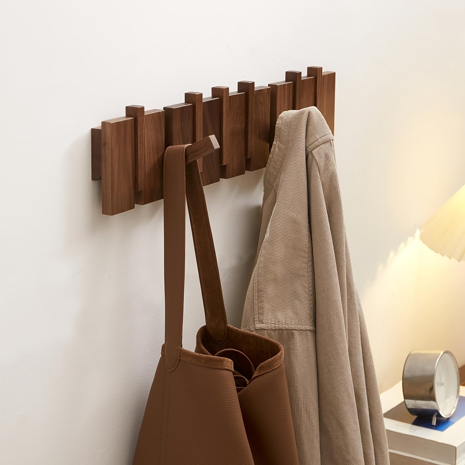 Modern Walnut Wooden, with 4\u002F6\u002F8\u002F10\u002F12 Hooks, Coat Rack, Hooks, Wall Mounted, Accordion, Entryway, Bedroom, Bathroom, Solid Wood, Smooth Polishing, Stable Adhere, Holds 22 Lbs, Floating Shelves