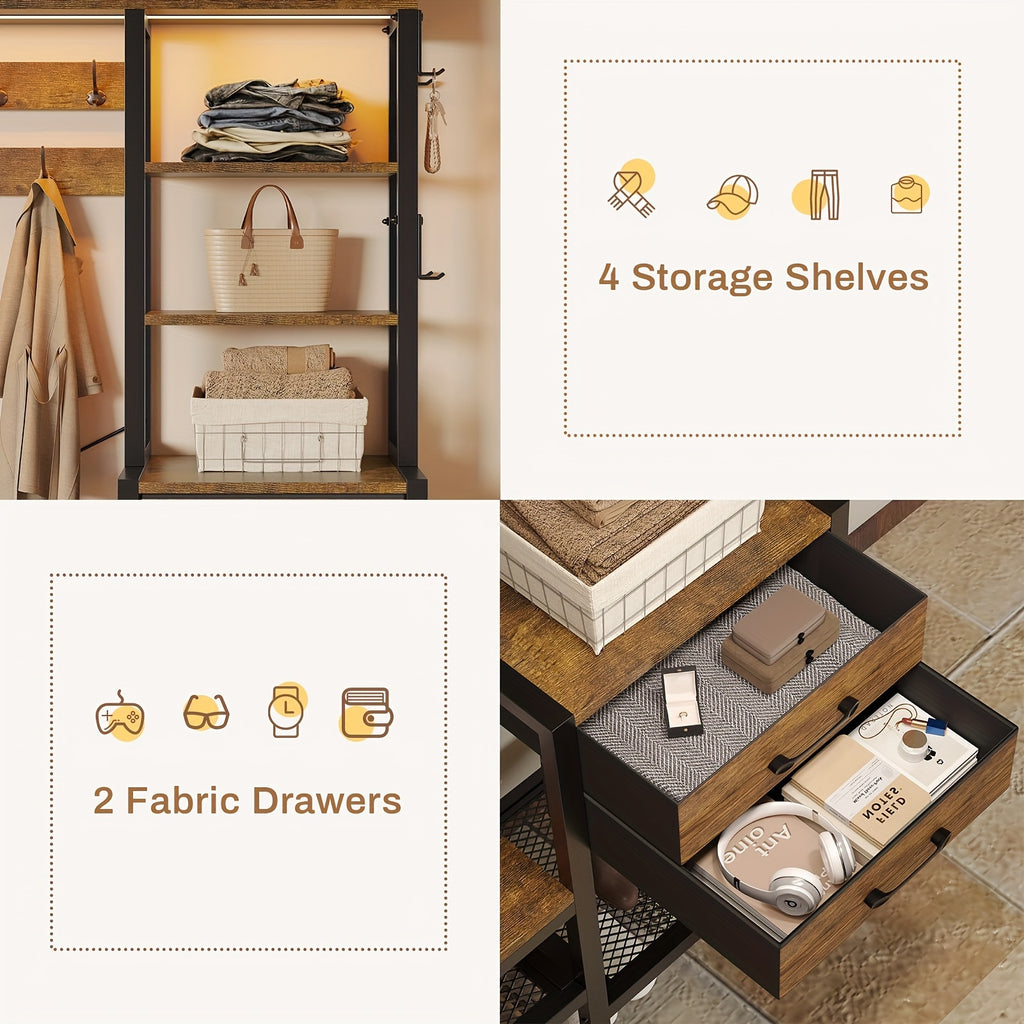 7-in-1 Entryway Bench with Coat Rack | Freestanding Metal Hall Tree with Bench and Shoe Storage, 3 Storage Cubbies, 3 Storage Shelves, 17 Coat Hooks, 2 Fabric Drawers, Brown, SEDETA