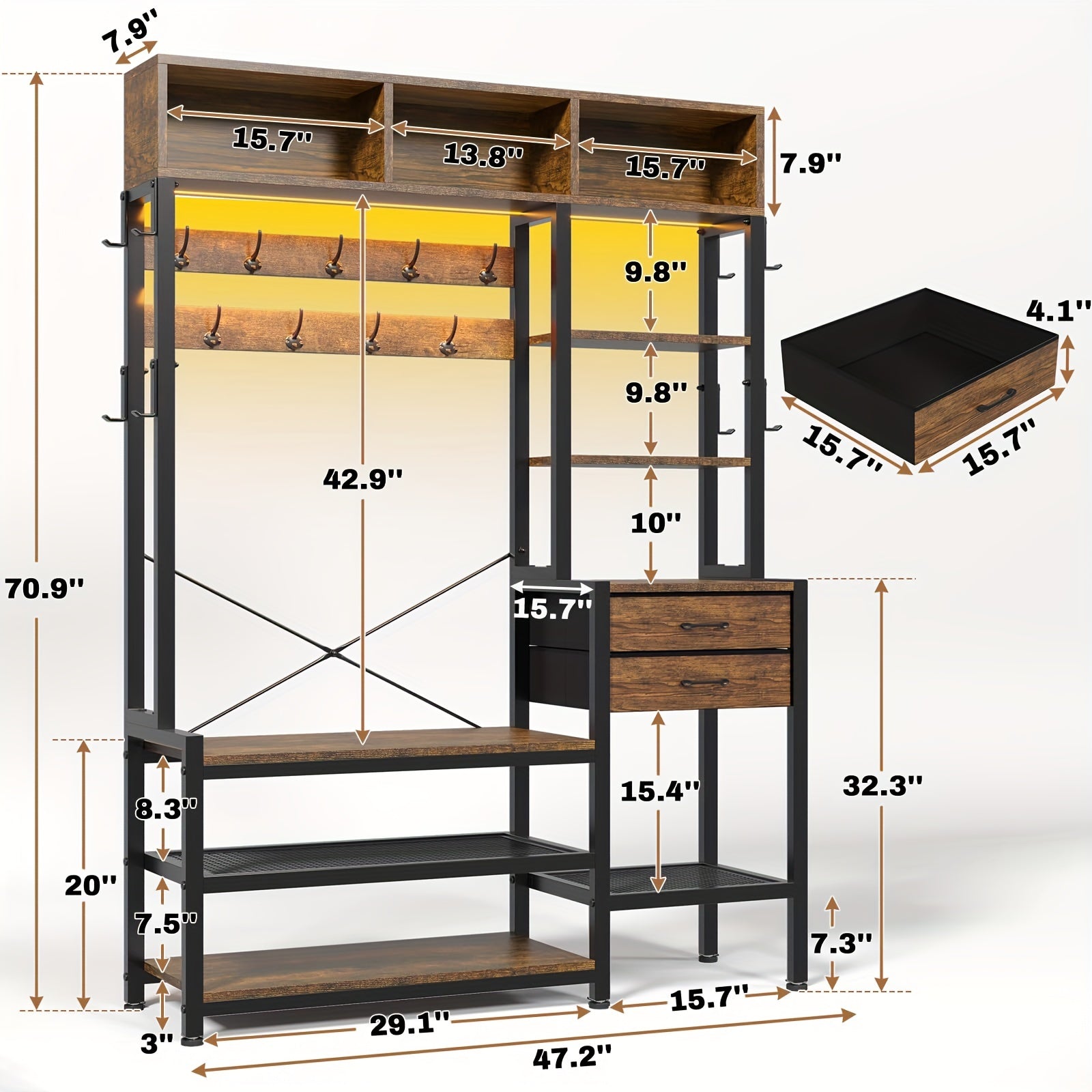 7-in-1 Entryway Bench with Coat Rack | Freestanding Metal Hall Tree with Bench and Shoe Storage, 3 Storage Cubbies, 3 Storage Shelves, 17 Coat Hooks, 2 Fabric Drawers, Brown, SEDETA