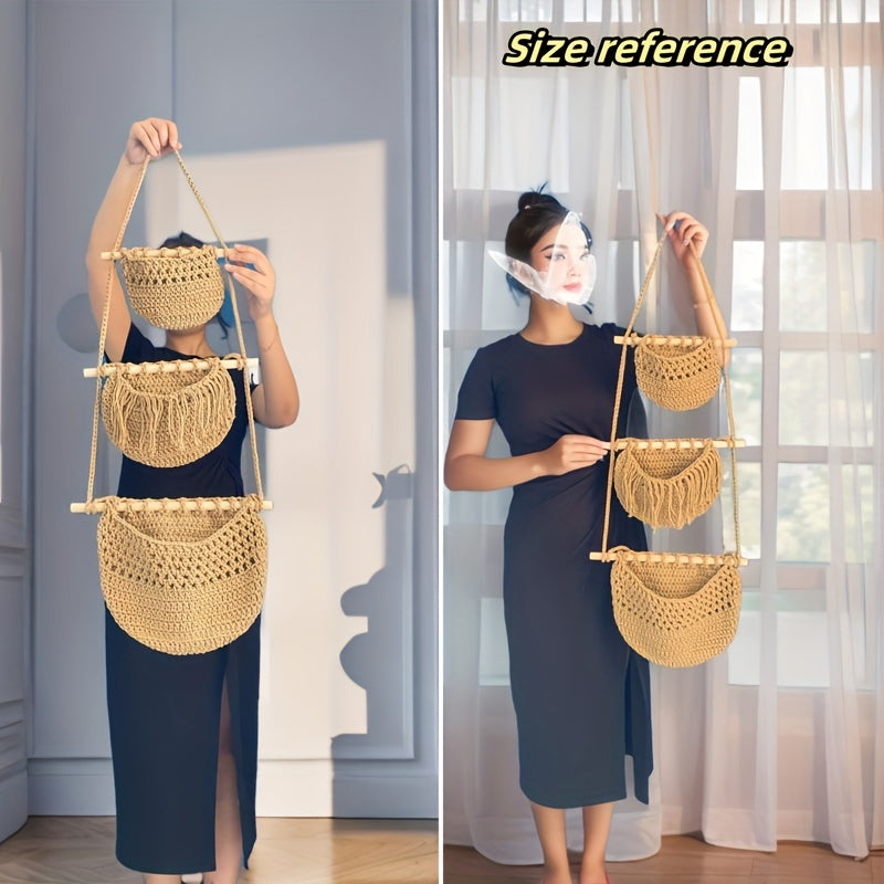 Handwoven Rope Hanging Basket, Bohemian Style 3-Tier Hanging Fruit Basket, Hanging Storage Basket, Door Storage Box, Perfect Valentine's Day Gift, Suitable for Kitchen, Living Room, Bathroom, Bedroom, Kitchen Storage Organizer, Shelf Baskets