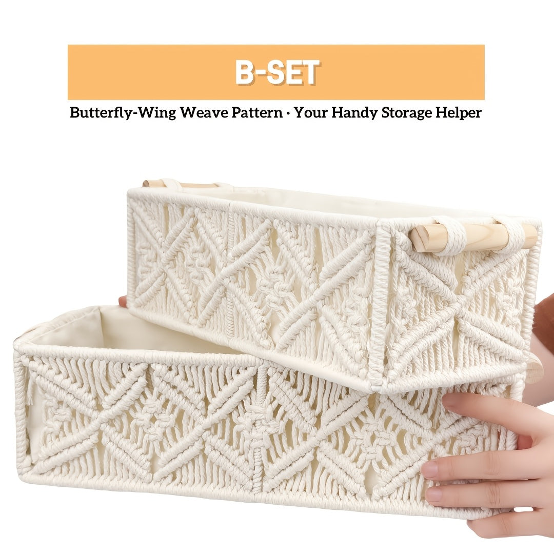 2pcs Bohemian Handmade Macrame Storage Basket Set with Handles | Multipurpose Organizer for Food, Jewelry, Skincare, Cosmetics & Clutter - Ideal for Bathroom, Bedroom & Living Room Shelf, Shelf Baskets