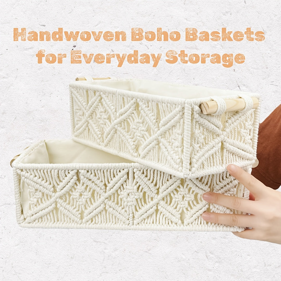2pcs Bohemian Handmade Macrame Storage Basket Set with Handles | Multipurpose Organizer for Food, Jewelry, Skincare, Cosmetics & Clutter - Ideal for Bathroom, Bedroom & Living Room Shelf, Shelf Baskets