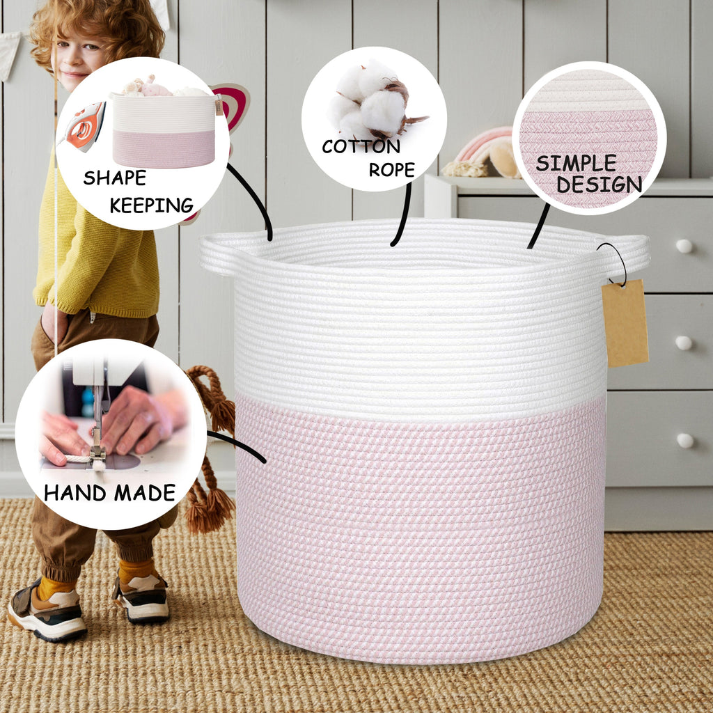 2pcs XXL Cotton Rope Cylinder Laundry Basket with Handles, 16x18 Inch Storage Organizer & Bathroom Decor | Youngsters-Safe Blanket Hamper, Nursery Toy Bin, Dog Bed Storage for Living Room\u002FLaundry Room, Laundry Baskets