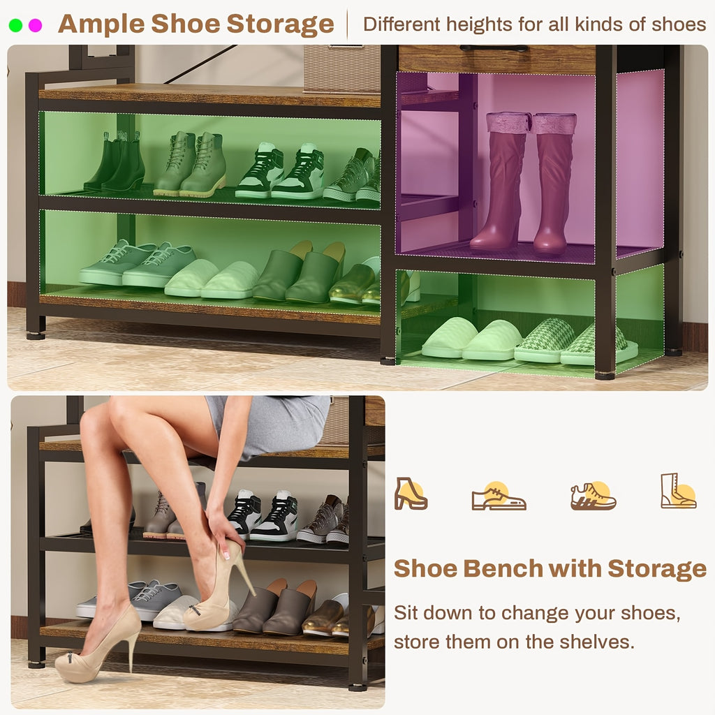 7-in-1 Entryway Bench with Coat Rack | Freestanding Metal Hall Tree with Bench and Shoe Storage, 3 Storage Cubbies, 3 Storage Shelves, 17 Coat Hooks, 2 Fabric Drawers, Brown, SEDETA