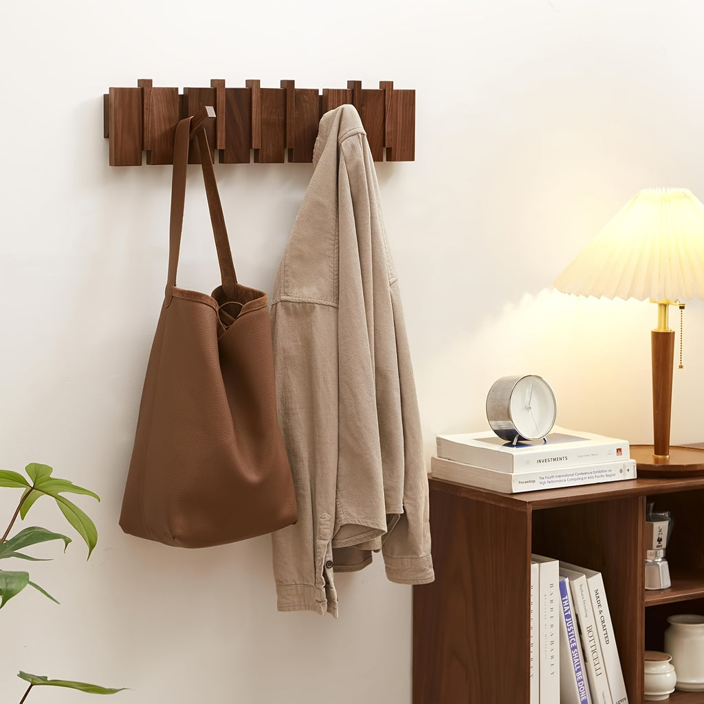 Modern Walnut Wooden, with 4\u002F6\u002F8\u002F10\u002F12 Hooks, Coat Rack, Hooks, Wall Mounted, Accordion, Entryway, Bedroom, Bathroom, Solid Wood, Smooth Polishing, Stable Adhere, Holds 22 Lbs, Floating Shelves