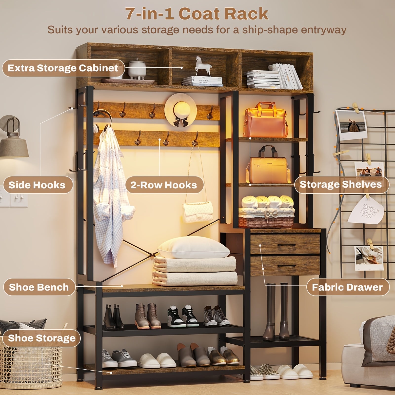 7-in-1 Entryway Bench with Coat Rack | Freestanding Metal Hall Tree with Bench and Shoe Storage, 3 Storage Cubbies, 3 Storage Shelves, 17 Coat Hooks, 2 Fabric Drawers, Brown, SEDETA