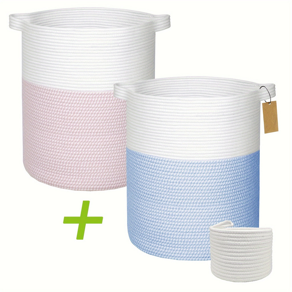 2pcs XXL Cotton Rope Cylinder Laundry Basket with Handles, 16x18 Inch Storage Organizer & Bathroom Decor | Youngsters-Safe Blanket Hamper, Nursery Toy Bin, Dog Bed Storage for Living Room\u002FLaundry Room, Laundry Baskets