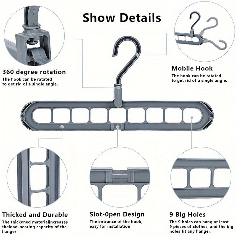 Set of 5 Sturdy 9-Hole Hangers - Enhanced Anti-Slip, Foldable Design That Saves Space, Perfect for Home Closets, Student Dorms, And Rental Storage