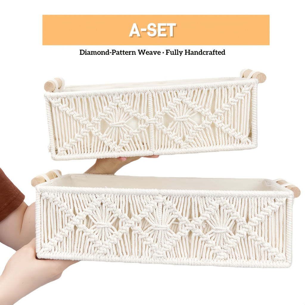 2pcs Bohemian Handmade Macrame Storage Basket Set with Handles | Multipurpose Organizer for Food, Jewelry, Skincare, Cosmetics & Clutter - Ideal for Bathroom, Bedroom & Living Room Shelf, Shelf Baskets