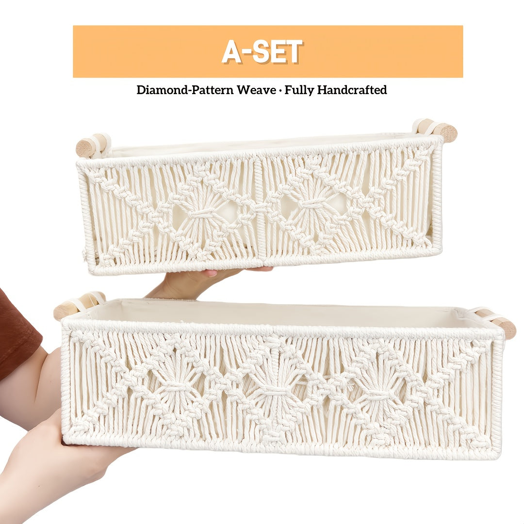 2pcs Bohemian Handmade Macrame Storage Basket Set with Handles | Multipurpose Organizer for Food, Jewelry, Skincare, Cosmetics & Clutter - Ideal for Bathroom, Bedroom & Living Room Shelf, Shelf Baskets