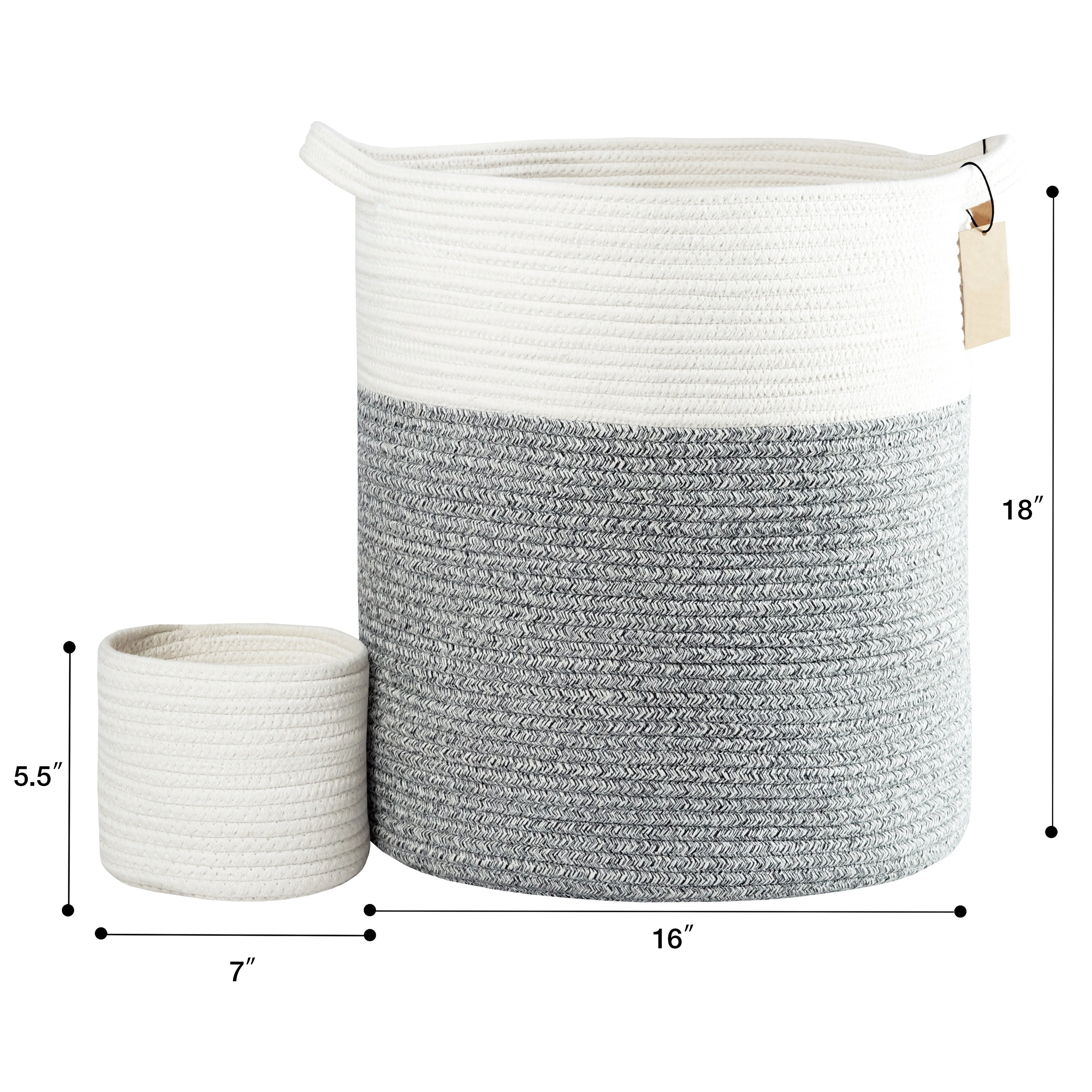 2pcs XXL Cotton Rope Cylinder Laundry Basket with Handles, 16x18 Inch Storage Organizer & Bathroom Decor | Youngsters-Safe Blanket Hamper, Nursery Toy Bin, Dog Bed Storage for Living Room\u002FLaundry Room, Laundry Baskets