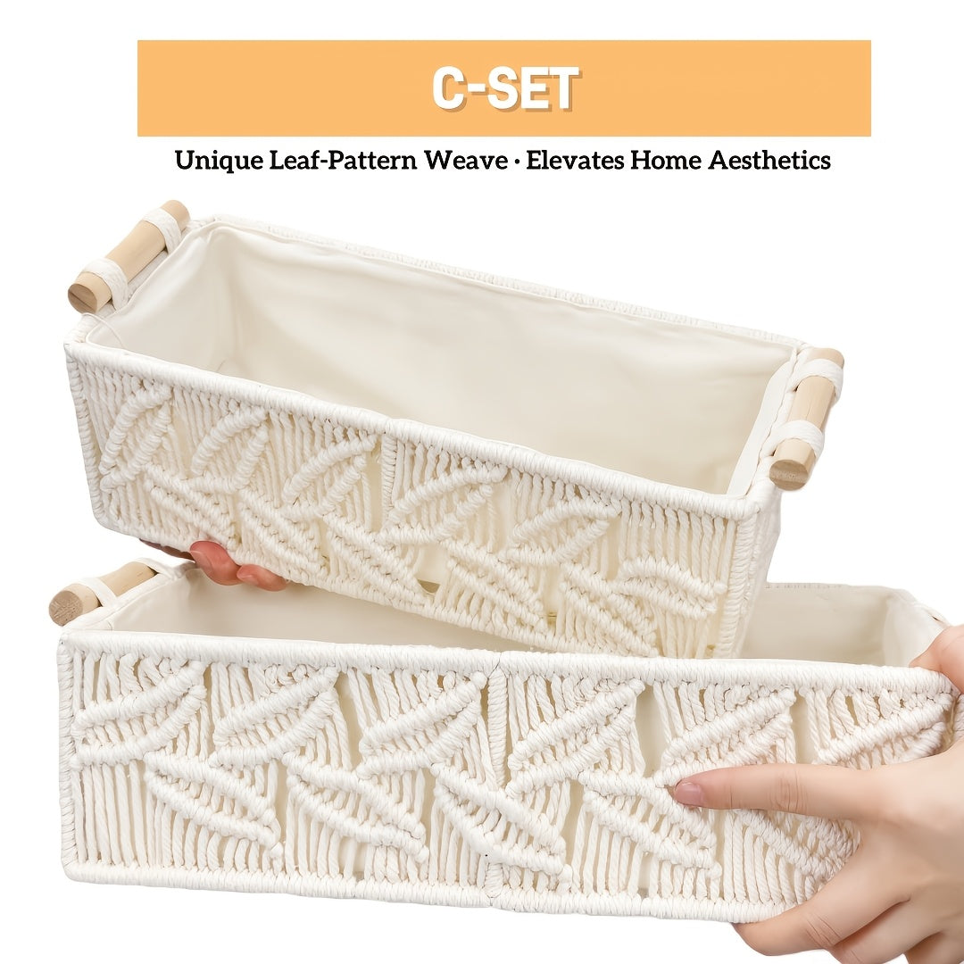 2pcs Bohemian Handmade Macrame Storage Basket Set with Handles | Multipurpose Organizer for Food, Jewelry, Skincare, Cosmetics & Clutter - Ideal for Bathroom, Bedroom & Living Room Shelf, Shelf Baskets