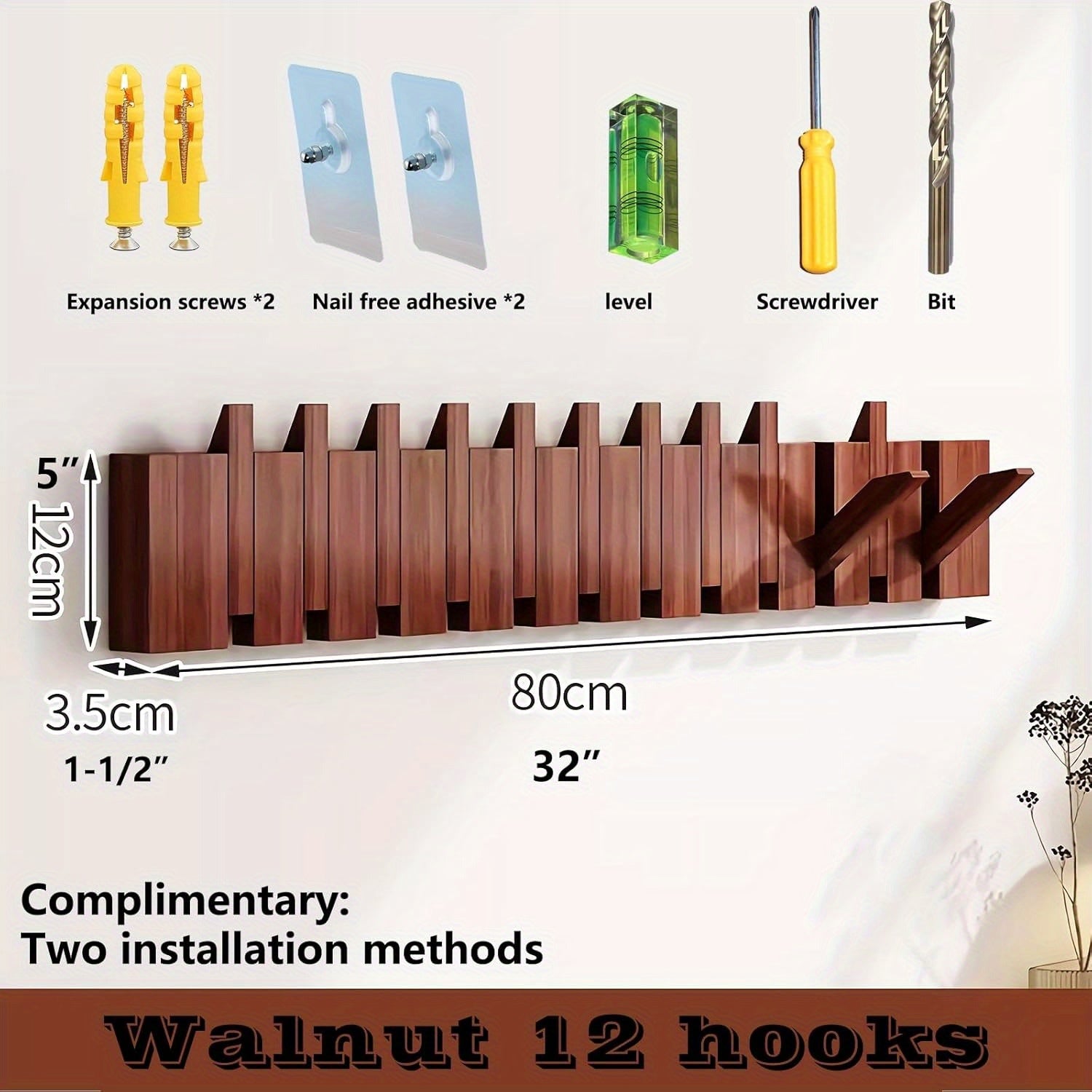 Modern Walnut Wooden, with 4\u002F6\u002F8\u002F10\u002F12 Hooks, Coat Rack, Hooks, Wall Mounted, Accordion, Entryway, Bedroom, Bathroom, Solid Wood, Smooth Polishing, Stable Adhere, Holds 22 Lbs, Floating Shelves