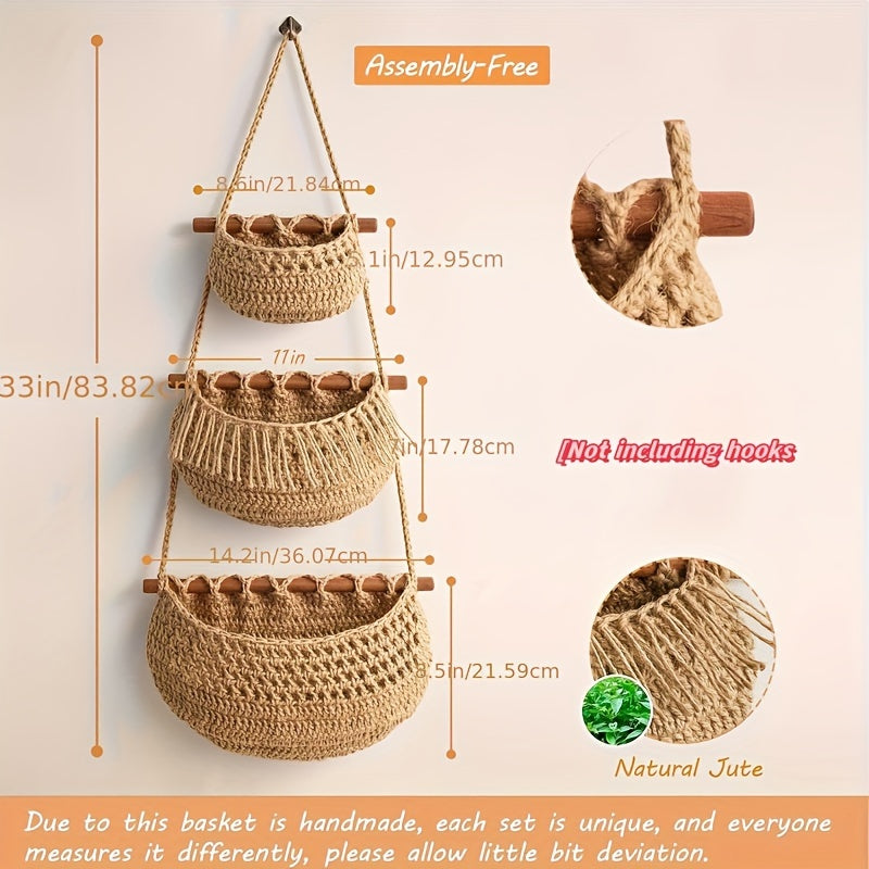 Handwoven Rope Hanging Basket, Bohemian Style 3-Tier Hanging Fruit Basket, Hanging Storage Basket, Door Storage Box, Perfect Valentine's Day Gift, Suitable for Kitchen, Living Room, Bathroom, Bedroom, Kitchen Storage Organizer, Shelf Baskets