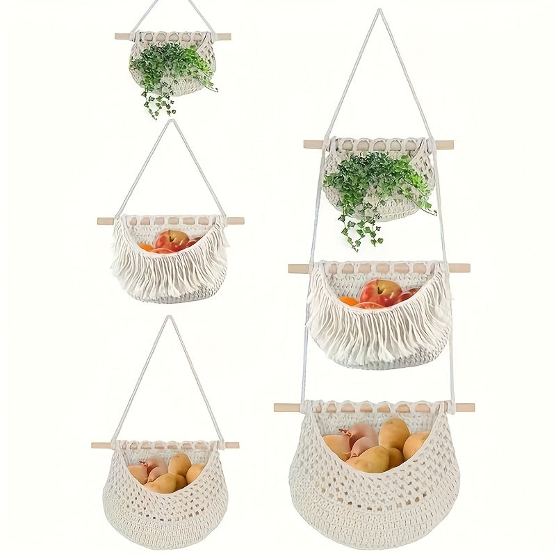 Handwoven Rope Hanging Basket, Bohemian Style 3-Tier Hanging Fruit Basket, Hanging Storage Basket, Door Storage Box, Perfect Valentine's Day Gift, Suitable for Kitchen, Living Room, Bathroom, Bedroom, Kitchen Storage Organizer, Shelf Baskets
