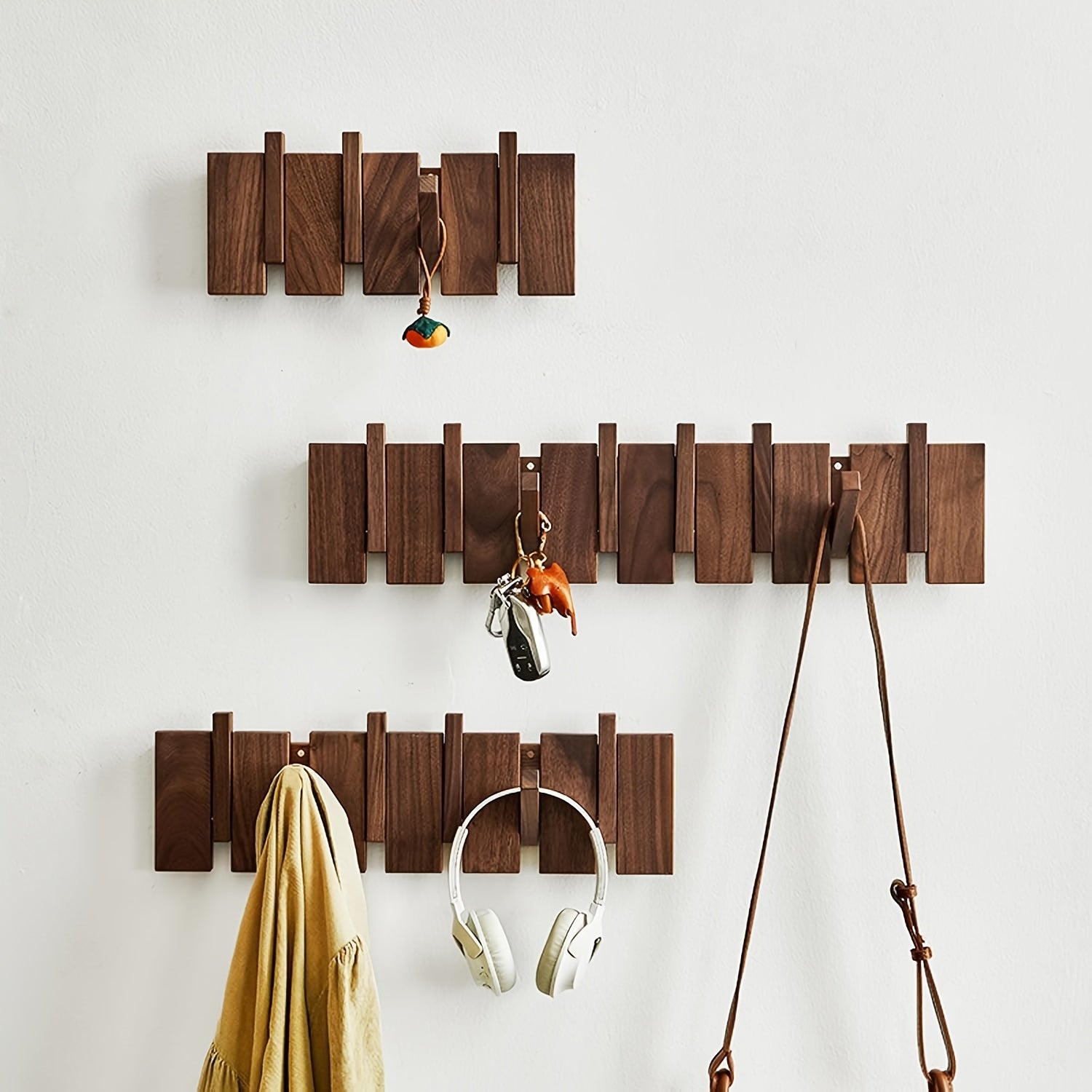 Modern Walnut Wooden, with 4\u002F6\u002F8\u002F10\u002F12 Hooks, Coat Rack, Hooks, Wall Mounted, Accordion, Entryway, Bedroom, Bathroom, Solid Wood, Smooth Polishing, Stable Adhere, Holds 22 Lbs, Floating Shelves
