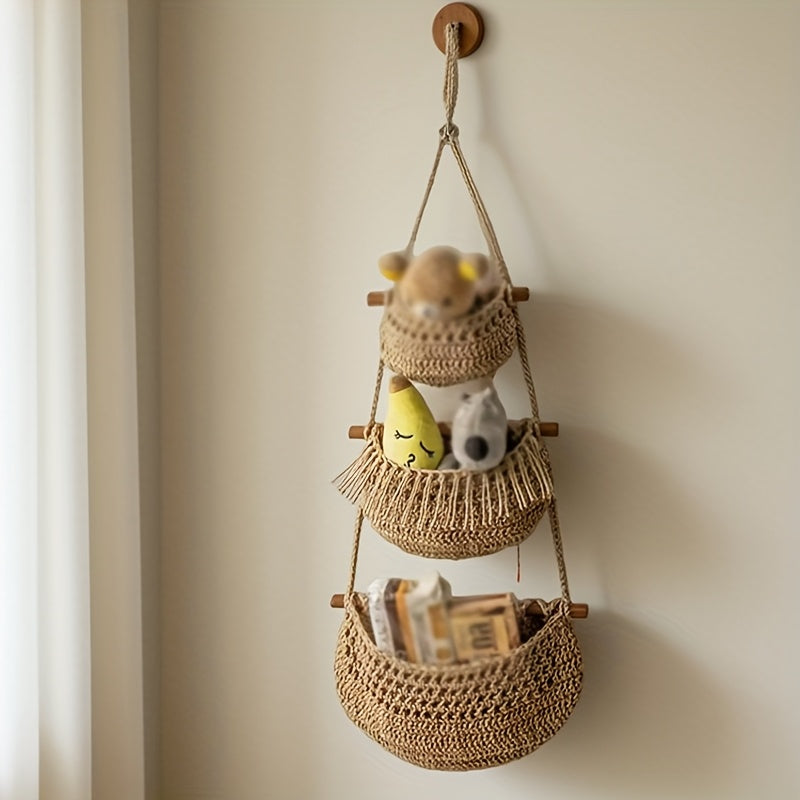 Handwoven Rope Hanging Basket, Bohemian Style 3-Tier Hanging Fruit Basket, Hanging Storage Basket, Door Storage Box, Perfect Valentine's Day Gift, Suitable for Kitchen, Living Room, Bathroom, Bedroom, Kitchen Storage Organizer, Shelf Baskets