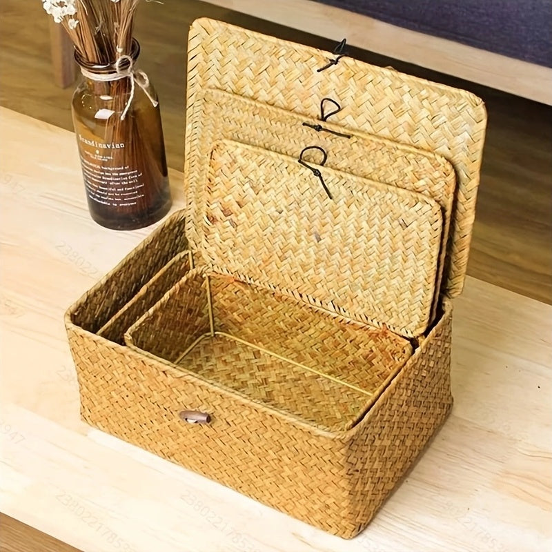 3pcs Handwoven Rattan Storage Basket Set with Lattice Lid & Label-Friendly - Natural Woven Wicker Organizers for Kitchen, Bathroom, Pantry, Office - Multipurpose Rustic Farmhouse Baskets, Home Decor (Nordic Style), Shelf Baskets