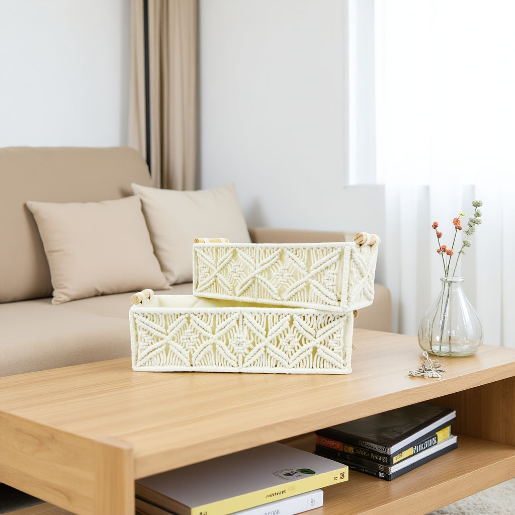 2pcs Bohemian Handmade Macrame Storage Basket Set with Handles | Multipurpose Organizer for Food, Jewelry, Skincare, Cosmetics & Clutter - Ideal for Bathroom, Bedroom & Living Room Shelf, Shelf Baskets