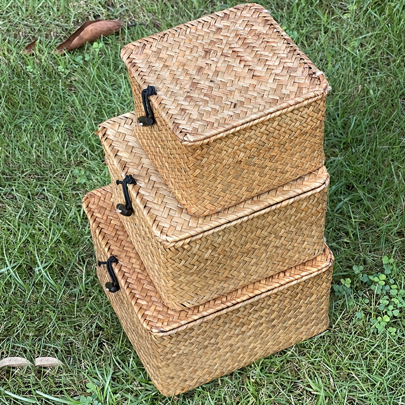 3pcs Handwoven Rattan Storage Basket Set with Lattice Lid & Label-Friendly - Natural Woven Wicker Organizers for Kitchen, Bathroom, Pantry, Office - Multipurpose Rustic Farmhouse Baskets, Home Decor (Nordic Style), Shelf Baskets