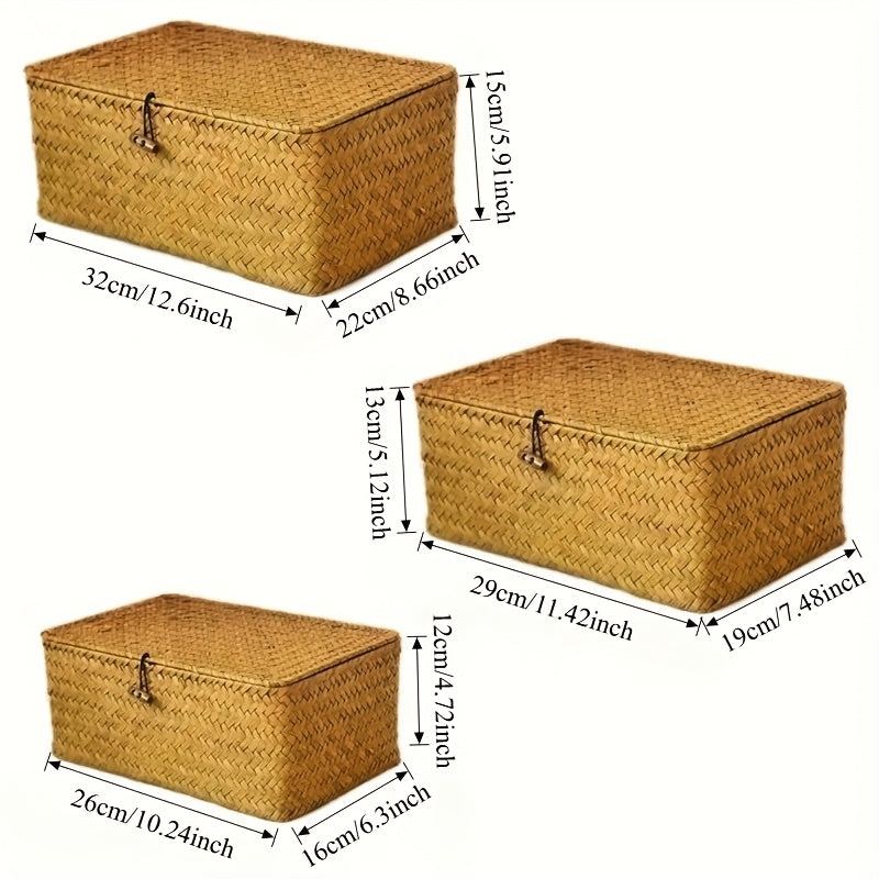 3pcs Handwoven Rattan Storage Basket Set with Lattice Lid & Label-Friendly - Natural Woven Wicker Organizers for Kitchen, Bathroom, Pantry, Office - Multipurpose Rustic Farmhouse Baskets, Home Decor (Nordic Style), Shelf Baskets