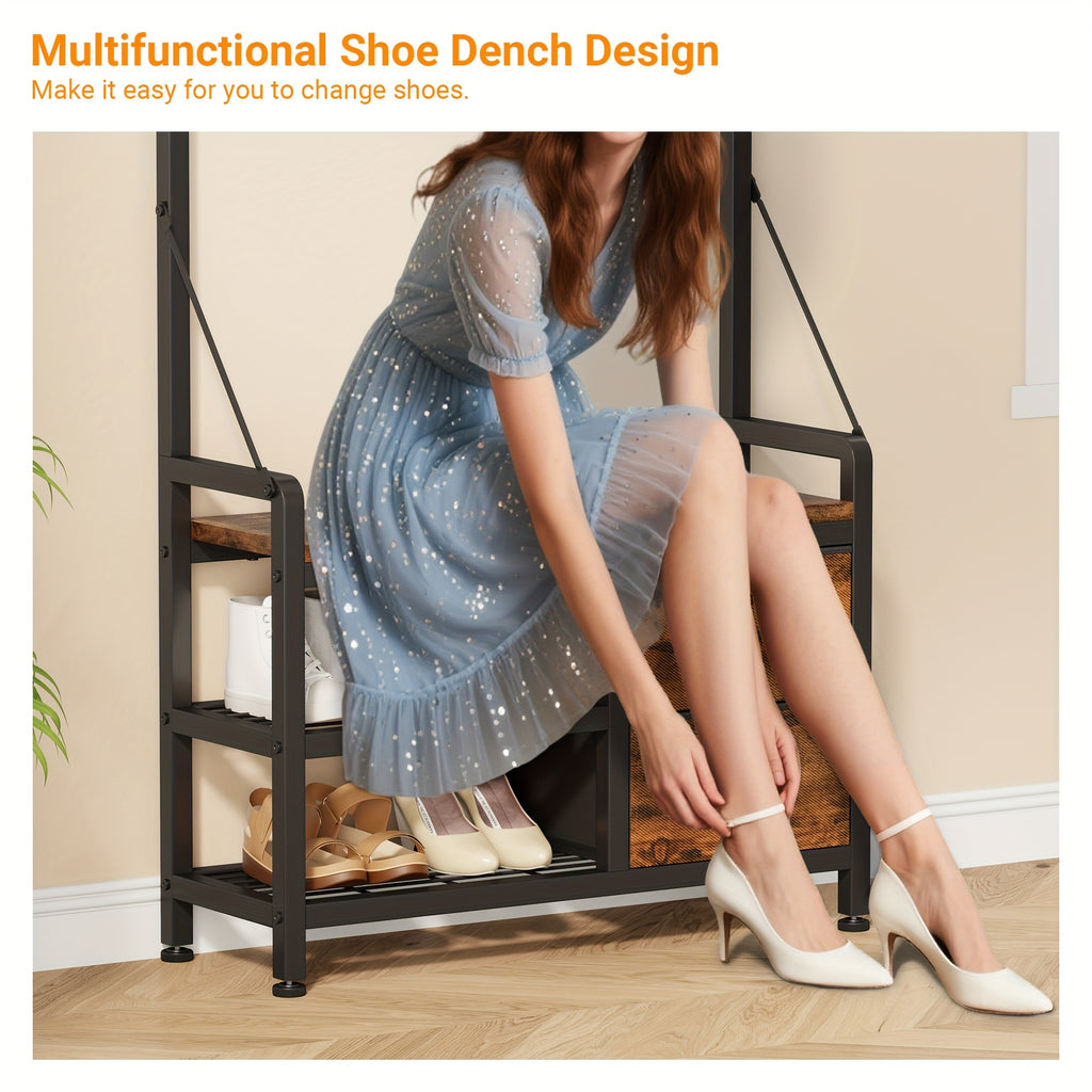 6-In-1 Coat Rack with Entry Bench, Hall Tree with 17 Hooks, 2 Fabric Drawers, Shoe Rack, Metal‑Frame Entryway Coat Rack, Space-Saving Storage Organizer for Bedroom, Mudroom And Closet