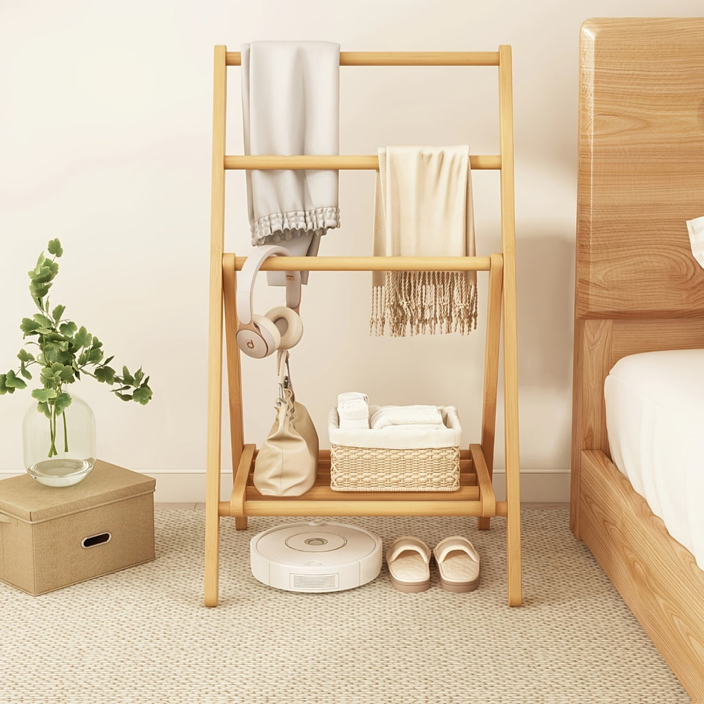 3-Tier Foldable Clothes Hanger & Drying Rack with Storage Box - Bamboo Space-Saving Freestanding Laundry Suitable for Apartments, Bedrooms, Bathrooms, Balconies, Compact Foldable Design for Small Spaces, Bamboo Drying System, Drying Racks